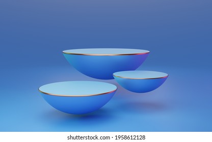 3 Empty Blue Half Sphere Podium Floating With Red And Green Rim Light On Bright Background. Abstract Minimal Studio 3d Geometric Shape Object. Pedestal Mockup Space For Luxury Display. 3d Rendering.