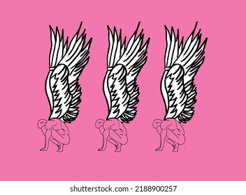 3 fallen angels pink background and pink body   white wings  hand drawn art  creative idea  art angel