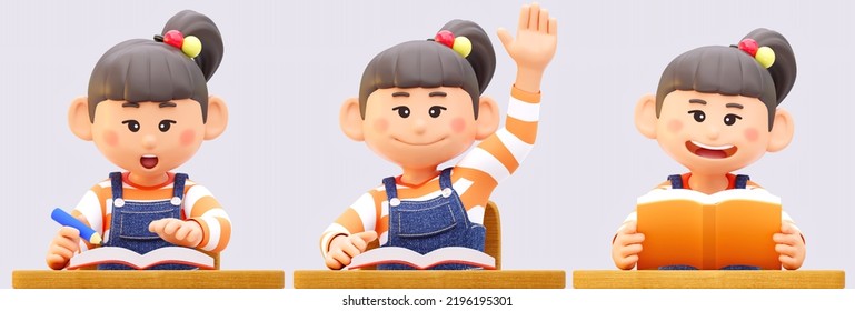 3 images of Asian elementary school students in class, study, ask questions, or read books, 3d rendering character illustration - Powered by Shutterstock