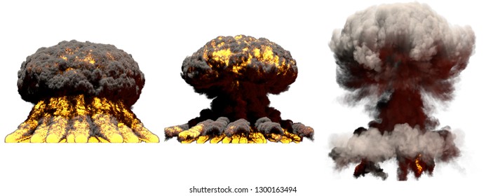 3 Large Different Phases Fire Mushroom Cloud Explosion Of Hydrogen Bomb With Smoke And Flames Isolated On White - 3D Illustration Of Explosion