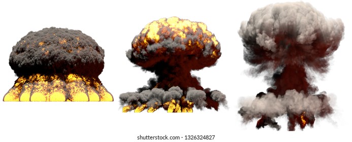 3 Large Different Phases Fire Mushroom Cloud Explosion Of Nuclear Bomb With Smoke And Flames Isolated On White - 3D Illustration Of Explosion