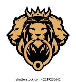 3 Lion Head Emblem Logo With Lion Facing Forward Biting The Door Knock