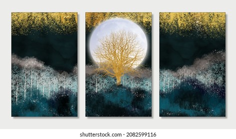 3 pieces wall frame canvas art  Christmas trees  mountains   white moon in dark 3d landscape background