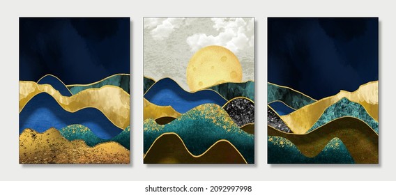 3 pieces wall frame canvas art. golden turquoise blue and brown colorful mountains, and golden sun in 3d landscape background
