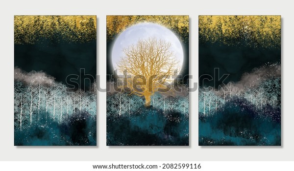 3 pieces wall frame canvas art. Christmas trees, mountains and white moon in dark 3d landscape background