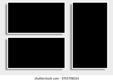 3 Rectangle Photo Frames In Black And White Colors, Clean Rectangular Borders, Horizontal And Vertical Layout, Old Classic Photos Style. Used As A Collage Template To Place Pictures Or Photographs.