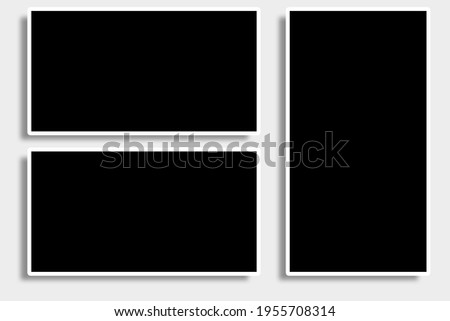 3 Rectangle photo frames in black and white colors, clean rectangular borders, horizontal and vertical layout, old classic photos style. Used as a collage template to place pictures or photographs.