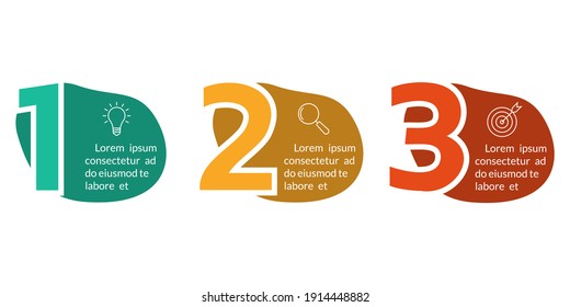 3 steps infographic elements with numbers and abstract shapes, fluid geometric elements. Timeline info graphic with business icons. Flow chart, layout, business workflow template. 