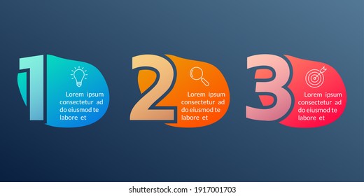 3 steps infographic elements with numbers and abstract shapes, fluid geometric elements. Timeline info graphic with business icons. Flow chart, layout, business workflow template. 