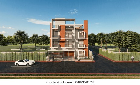3 storied duplex building 3d  in rainy day  front rendering view,3d, 3d illustration, 3d rendering, apartments, architecture, asia, balcony, beautiful, bed town, block, blue, building, building exteri