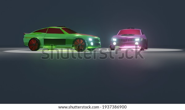 3 Transparent Sports Car Low Poly, Sedan with neon lower\
in view session, light area background,3D Illustration, 3D\
Rendering 
