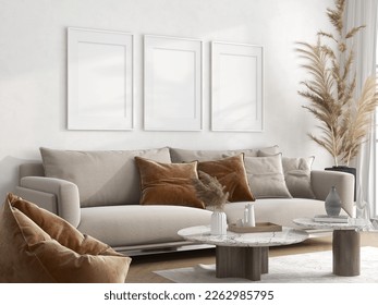 3 white Frames Mockup in Boho style Living Room, Gallery Wall Mockup, set of 3 frames with mat