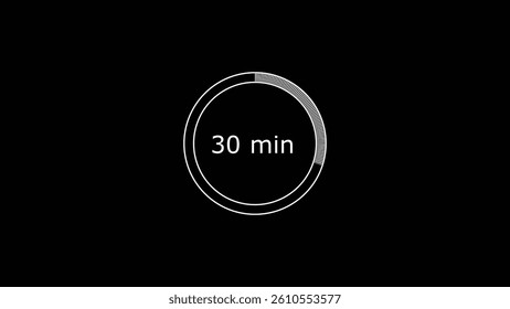 30 minutes, digital countdown timer white color 4k illustration. Black background 4k illustration.