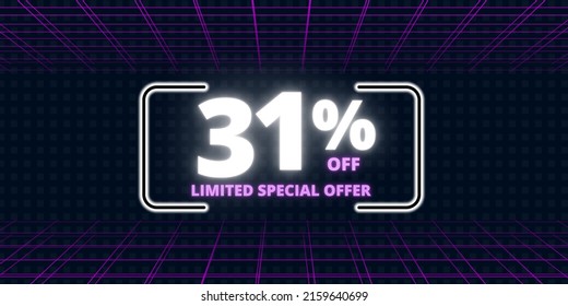 31% off limited special offer. Banner with thirty one percent discount on a black background with white square and purple