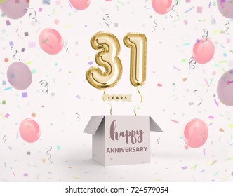31 years anniversary, happy birthday joy celebration. 3d Illustration with brilliant gold balloons & delight confetti for your unique greeting card, banner, birthday invitation, celebrate anniversary.