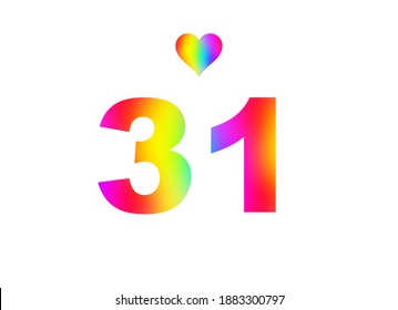 31st birthday card illustration with multicolored numbers isolated in white background.