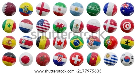 32 countries represented with their flags on footballs. 3D illustration isolated on a white background Foto stock © 