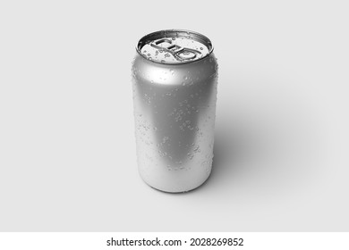 350ml Energy Drink Soda Can Mockup Template With Water Droplets, Isolated On Light Grey Background. High Resolution 3D Rendering.