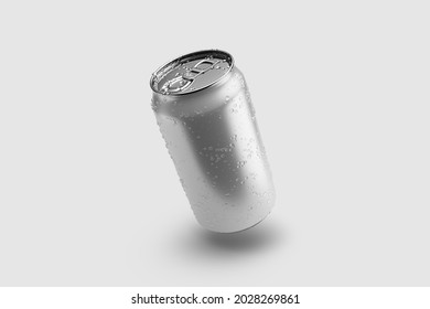 350ml Energy Drink Soda Can Mockup Template With Water Droplets, Isolated On Light Grey Background. High Resolution 3D Rendering.