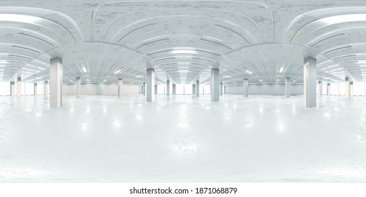 360 degree equi rectangular panorama of white bright office building 3d render illustration