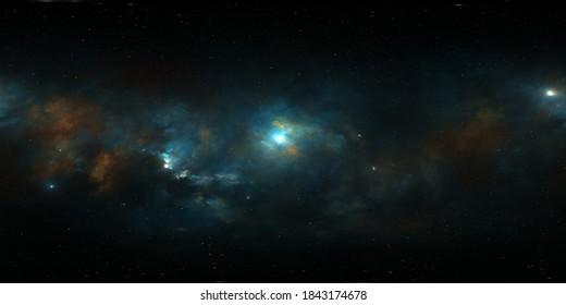 360 Degree Equirectangular Projection Space Background With Nebula And Stars, Environment Map. HDRI Spherical Panorama. 3d Illustration