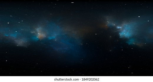 360 Degree Equirectangular Projection Space Background With Nebula And Stars, Environment Map. HDRI Spherical Panorama. 3d Illustration