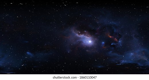 360 degree equirectangular projection space background with nebula and stars, environment map. HDRI spherical panorama. 3d illustration