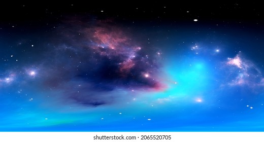 360 Degree Equirectangular Projection Space Background With Nebula And Stars, Environment Map. HDRI Spherical Panorama. 3d Illustration