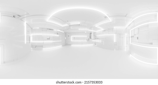 360 Degree Full Panorama Environment Map Of Bright White Studio Futuristic Light Interior With Metallic Reflections 3d Render Illustration Hdri Hdr Vr Virtual Reality