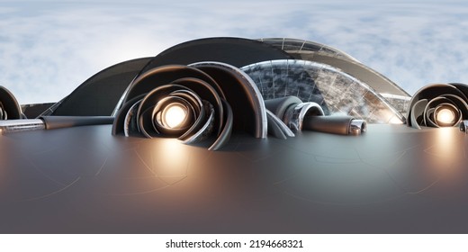 360 Degree Full Panorama Environment Map Of Dark Metal Sphere Geometric Shape Futuristic Architecture Building Interior With Sky And Sun 3d Render Illustration. 3D Illustration