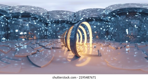 360 Degree Full Panorama Environment Map Of Abstract Futuristic Gate Way Technology Hall Studio With Blue And Yellow Lights 3d Render Illustration Hdri Hdr Vr Virtual Reality Content. 3D Illustration