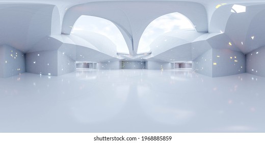 360 degree full panorama view of modern white futuristic technology concept building interior 3d render illustration hdri hdr vr style
