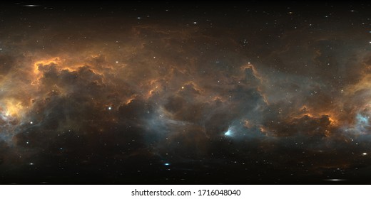 360 Degree Interstellar Cloud Of Dust And Gas. Space Background With Nebula And Stars. Panorama, Environment 360° HDRI Map. Equirectangular Projection, Spherical Panorama. 3d Illustration