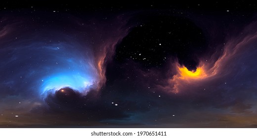 360 degree interstellar cloud of dust and gas. Space background with nebula and stars. Glowing nebula, equirectangular projection, environment map. HDRI spherical panorama. 3d illustration