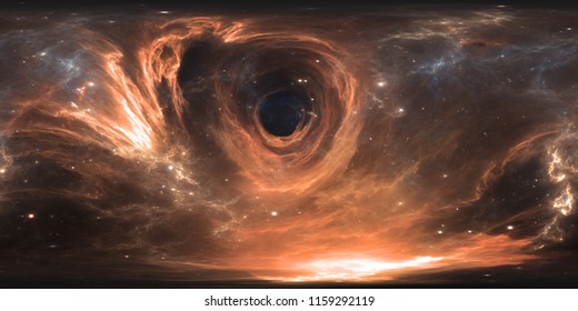 360 degree massive black hole panorama, equirectangular projection, environment map. HDRI spherical panorama. Space background with black hole and stars. 3d illustration