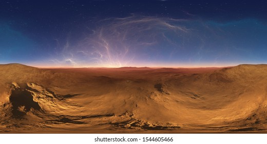 360 Degree Night Alien Desert Landscape. Equirectangular Projection, Environment Map, HDRI Spherical Panorama. 3d Illustration