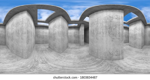 360 degree panorama. Abstract empty room interior, exhibition hall with concrete walls and thin rectangular skylights in ceiling, 3d render illustration