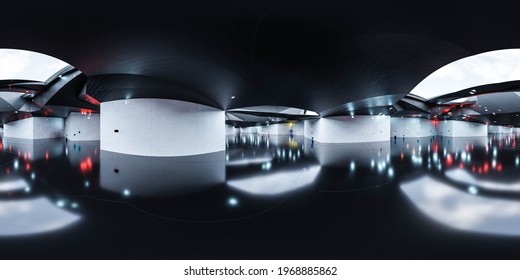 360 Degree Panorama Of Abstract Futuristic Technology Design Building Interior 3d Render Illustration Hdr Hdri Vr Style