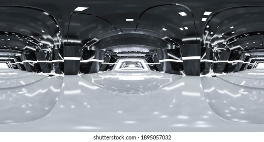 360 degree panorama of abstract technology futuristic building interior hallway 3d render illustration hdr vr style