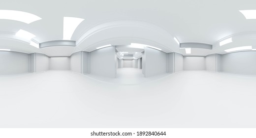 360 degree panorama of white abstract futuristic building interior 3d render illustration
