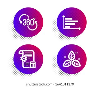 360 Degree, Settings Blueprint And Horizontal Chart Icons Simple Set. Halftone Dots Button. Fair Trade Sign. Virtual Reality, Report Document, Presentation Graph. Leaf. Science Set.