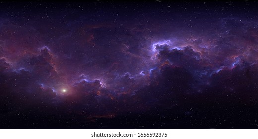 360 degree space background with nebula and stars, equirectangular projection, environment map. HDRI spherical panorama. 3d illustration