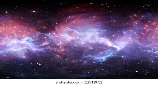 360 degree space nebula panorama, equirectangular projection, environment map. HDRI spherical panorama. Space background with nebula and stars. 3d illustration