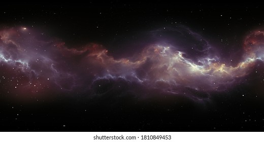 360 degree space nebula panorama, equirectangular projection, environment map. HDRI spherical panorama. Space background with nebula and stars. 3d illustration