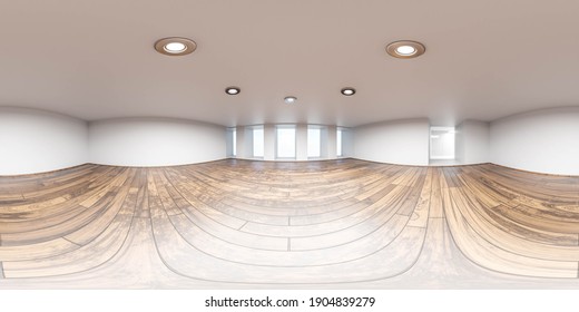 360 degree spherical panorama view of white empty room interior with wood floor, window and door 3d render illustration hdr vr style