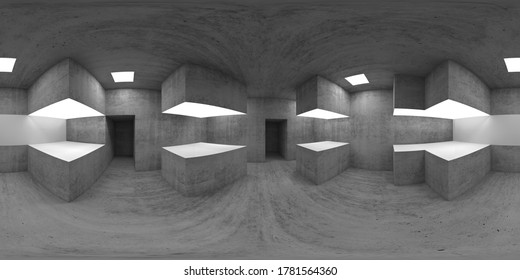 360 degree spherical seamless VR panorama. Empty concrete exhibition hall interior with walls and light stands, 3d rendering illustration