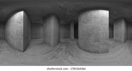 360 degree spherical seamless VR panorama. Abstract empty concrete interior, exhibition room with walls and girders, 3d rendering illustration