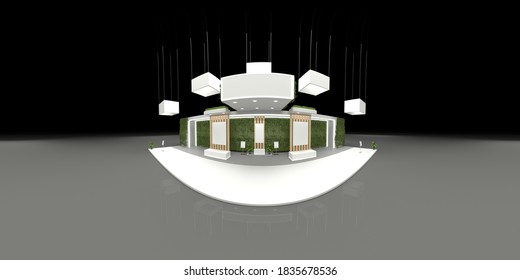 360 degree spherical seamless VR panorama. Empty concrete exhibition booth interior with walls and light stands, 3d rendering illustration. Showcase hall