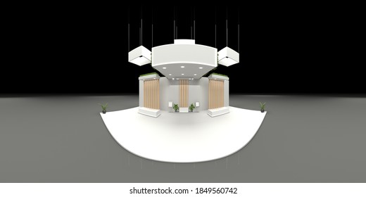 360 Degree Spherical Seamless VR Panorama. Empty Concrete Exhibition Booth Interior With Walls And Light Stands, 3d Rendering Illustration For Virtual Exhibition. Showcase Hall High Resolution