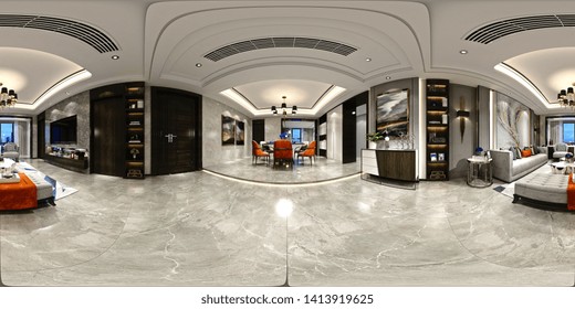 360 Degrees Home Interior, 3d Render Of Living And Dining Room